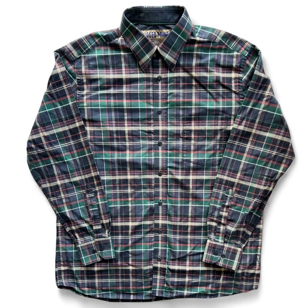 Vintage 90s Rugged Point Plaid Button Up Shirt Green Purple Tan Preppy Grand Pa